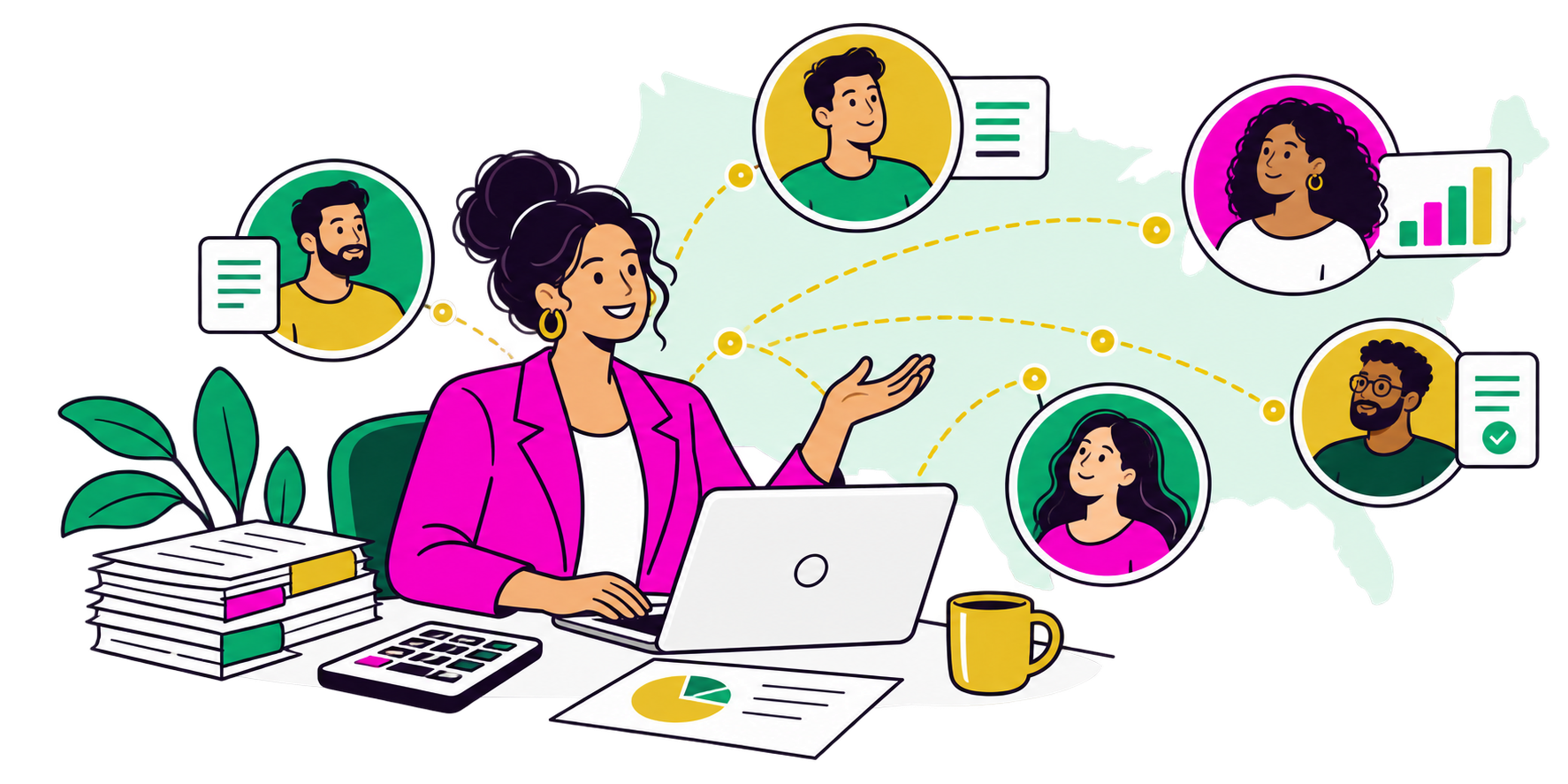 A woman tax professional connecting virtually with a diverse group of clients across the United States