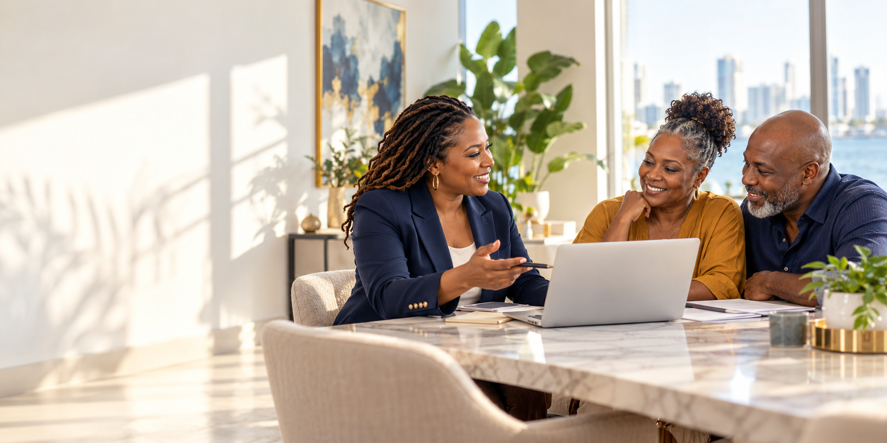 A tax professional speaking with clients in a bright South Florida office
